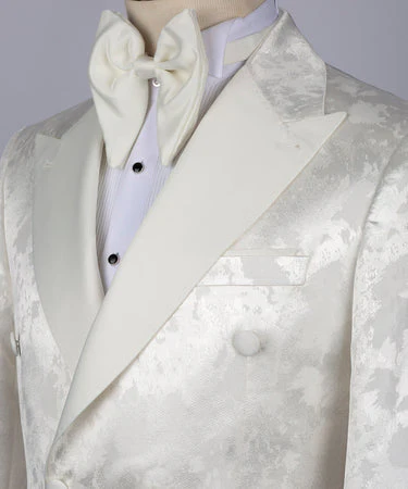 Smoking blanc à motifs et col en satin crème - Vue 3