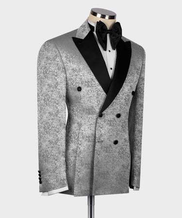 Smoking gris à motifs avec col en satin noir - Vue 2