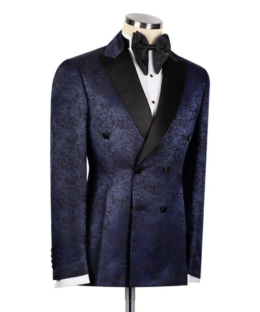 Smoking bleu marine à motifs, col en satin noir - Vue 2