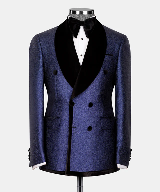 Costume croisé châle en velours - Bleu foncé